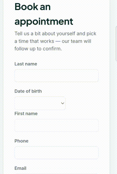 Booking an appointment: entering patient details and picking a preferred date
